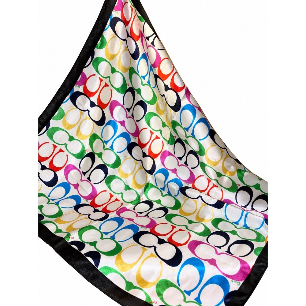 Coach Silk Square Scarf Multi Color Rainbow C Logo Black Border Handbag Wrap